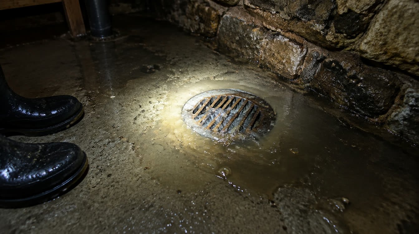 Basement floor drain backing up with dirty water under a flashlight beam