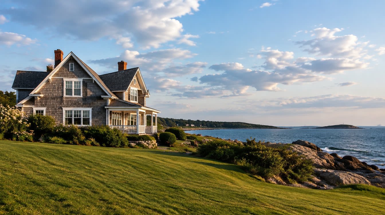 Shingled coastal home on a lawn above a rocky New England shoreline under a blue sky