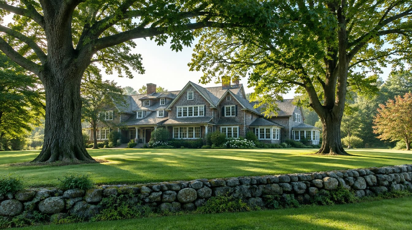 Large shingle style estate house behind giant mature oak and maple trees with a fieldstone wall