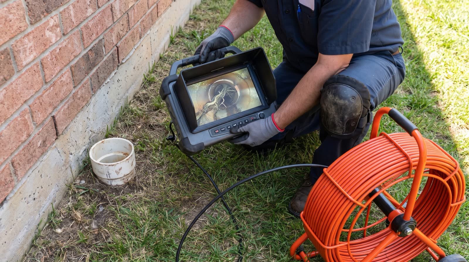 Technician kneeling on a lawn holding a sewer camera monitor with an orange cable reel beside him