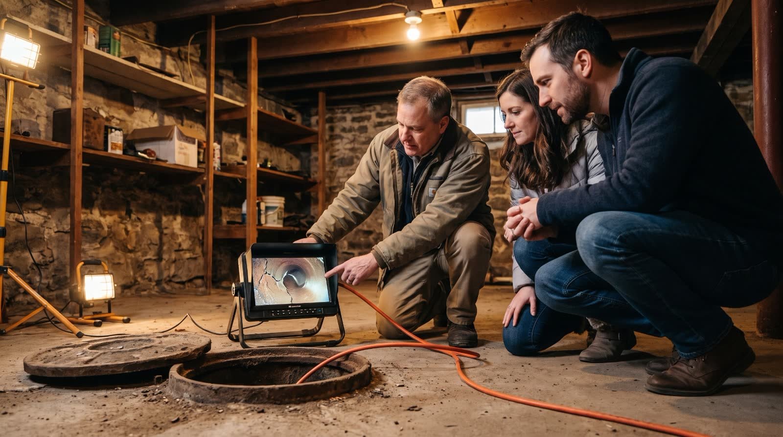 Three people crouched around a sewer camera monitor in a stone basement beside an open cleanout