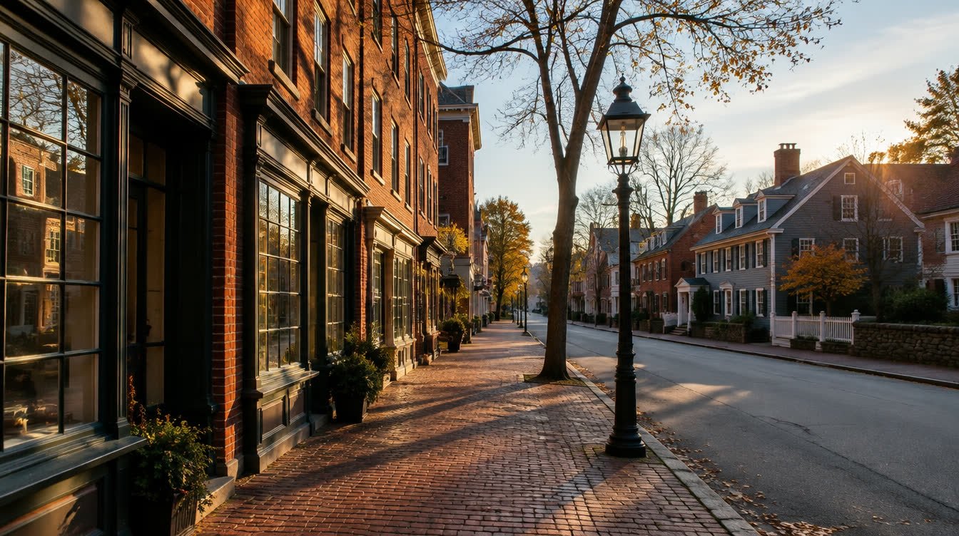 Historic New England downtown block with red brick buildings, a brick sidewalk and a street lamp at sunset