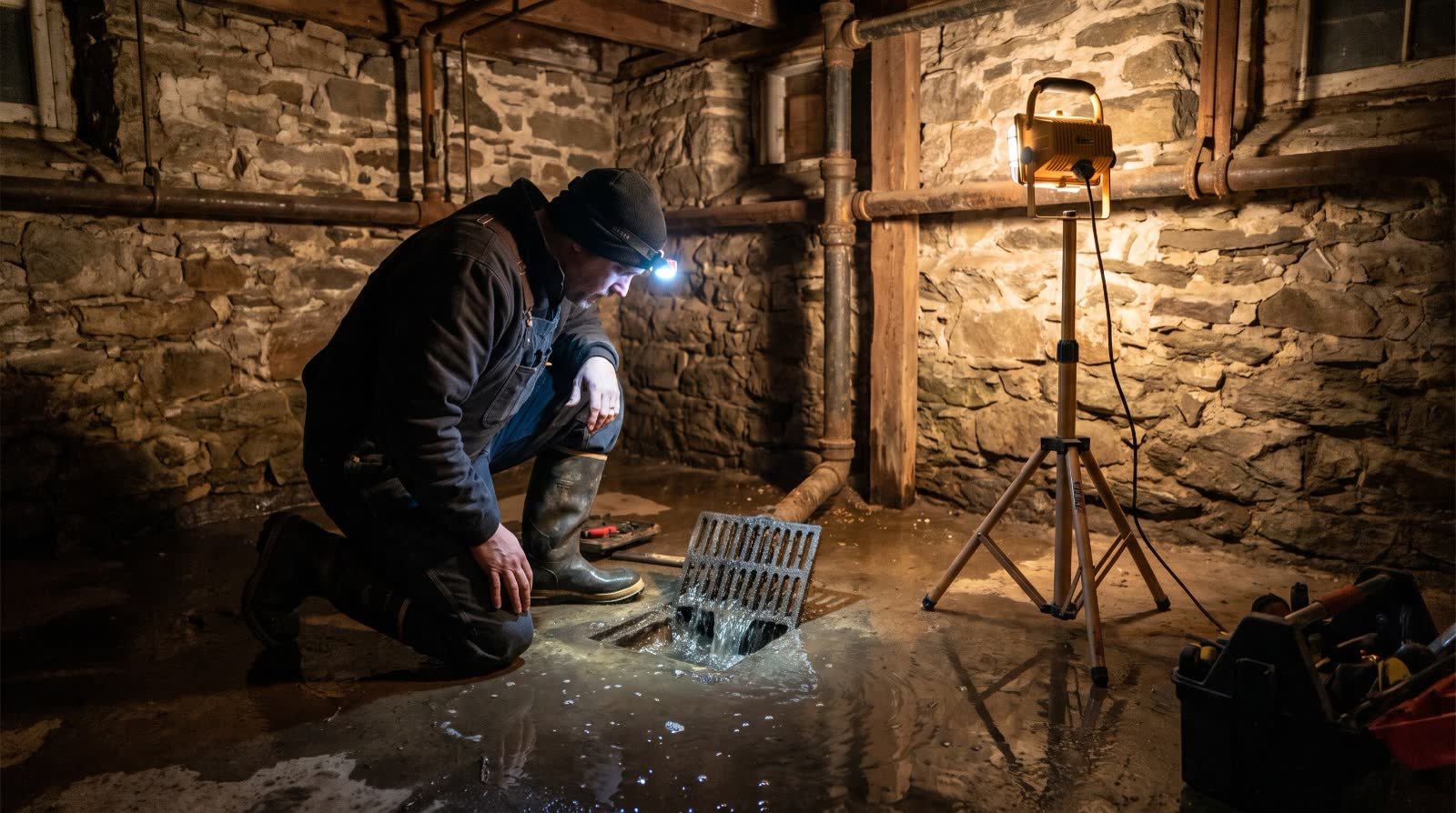 Contractor wearing a headlamp kneeling beside a basement floor drain during a sewer backup