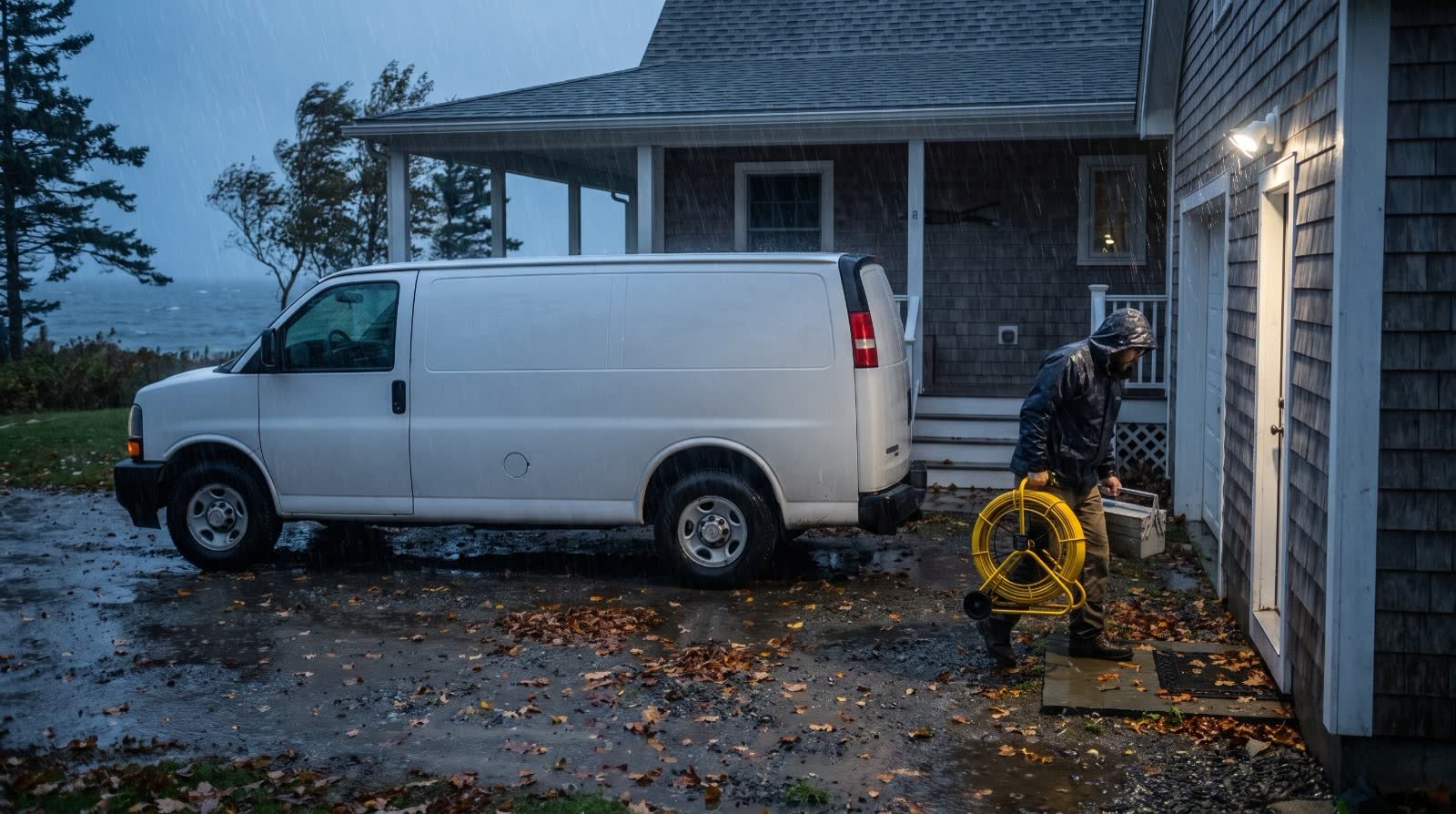 Work van parked at a coastal home during a storm while a technician unwinds a camera cable