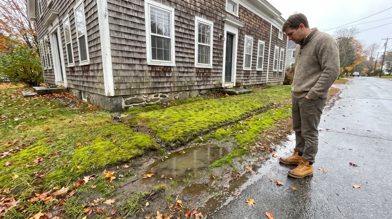 Homeowner looking down at a wet, sunken strip of lawn beside a shingled house after rain