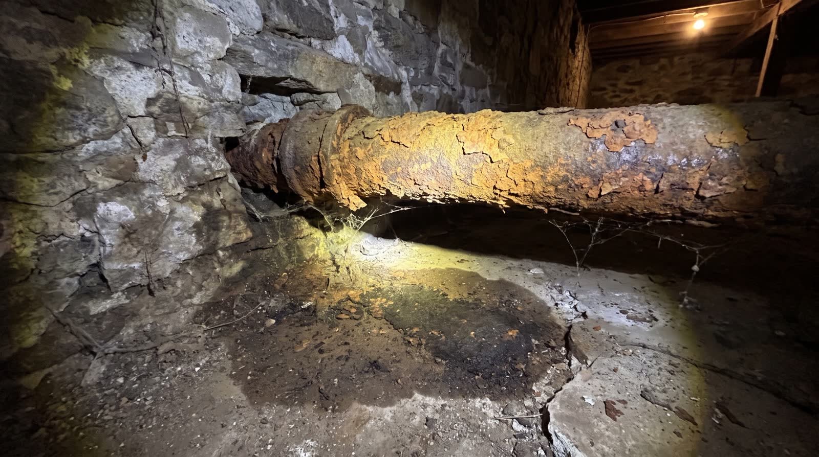 Rusted, cracked cast iron sewer pipe running along a stone basement wall