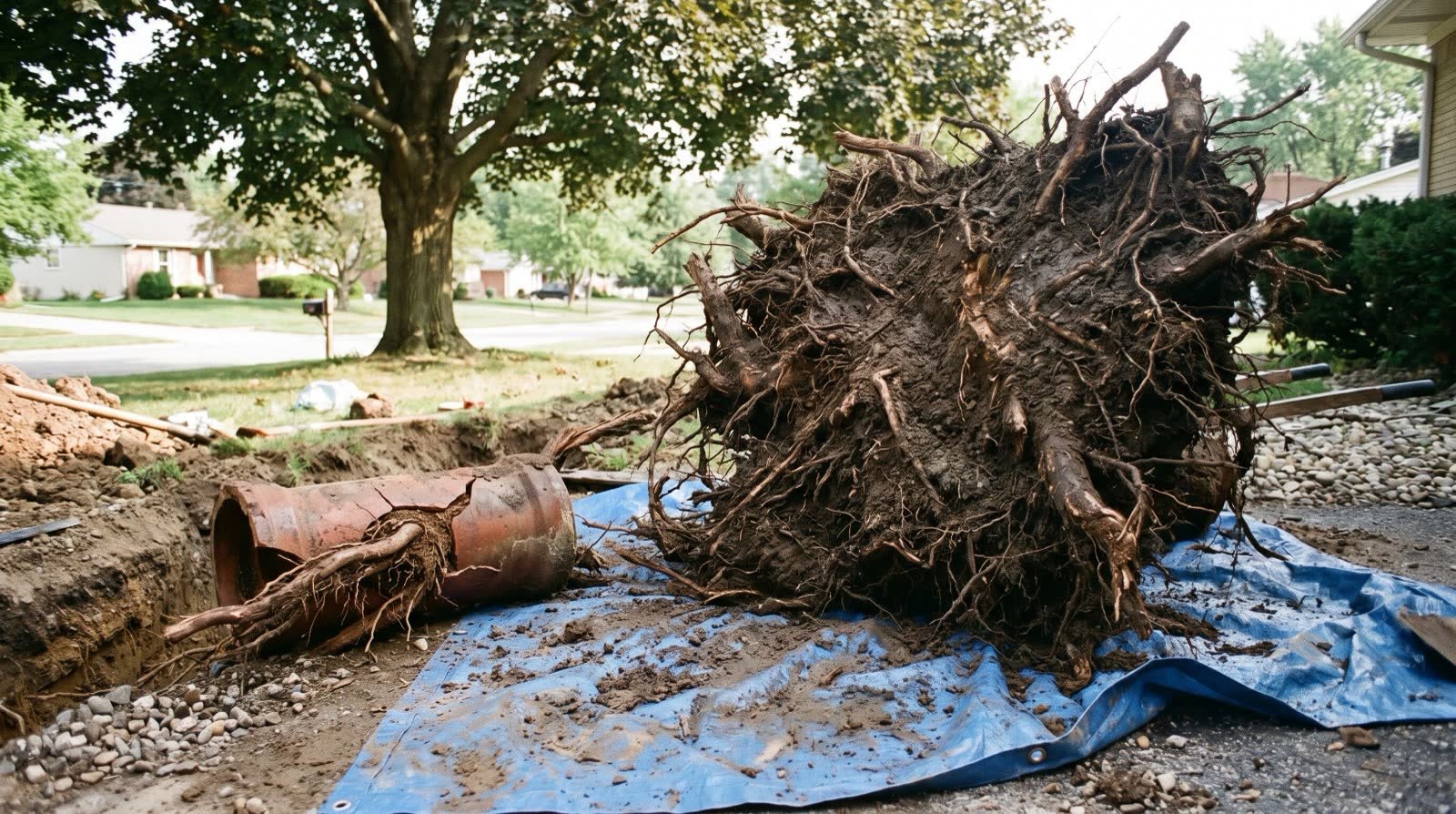 Mass of tree roots pulled from a clay sewer pipe lying on a blue tarp beside an open trench