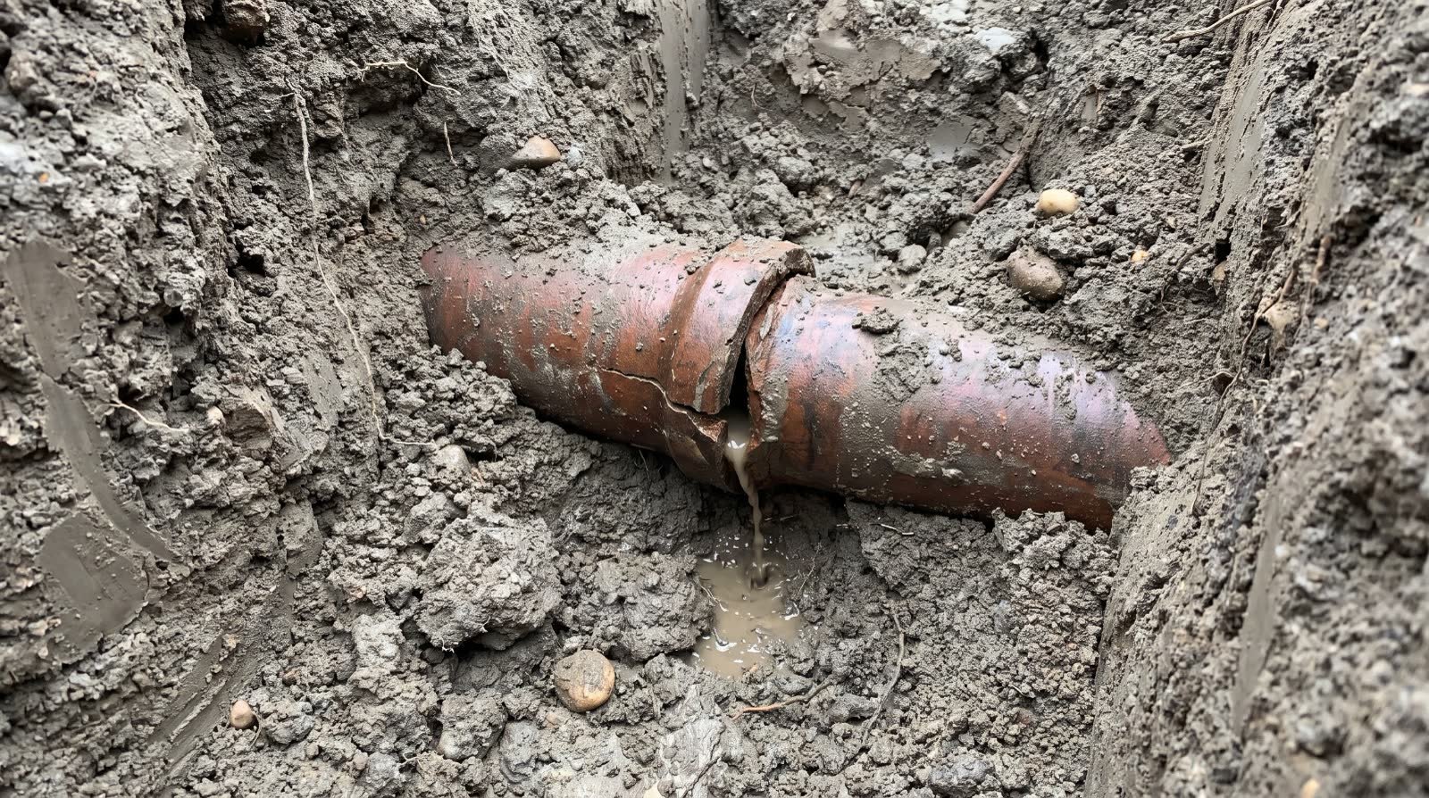 Clay sewer pipe with an offset joint buried in wet clay soil