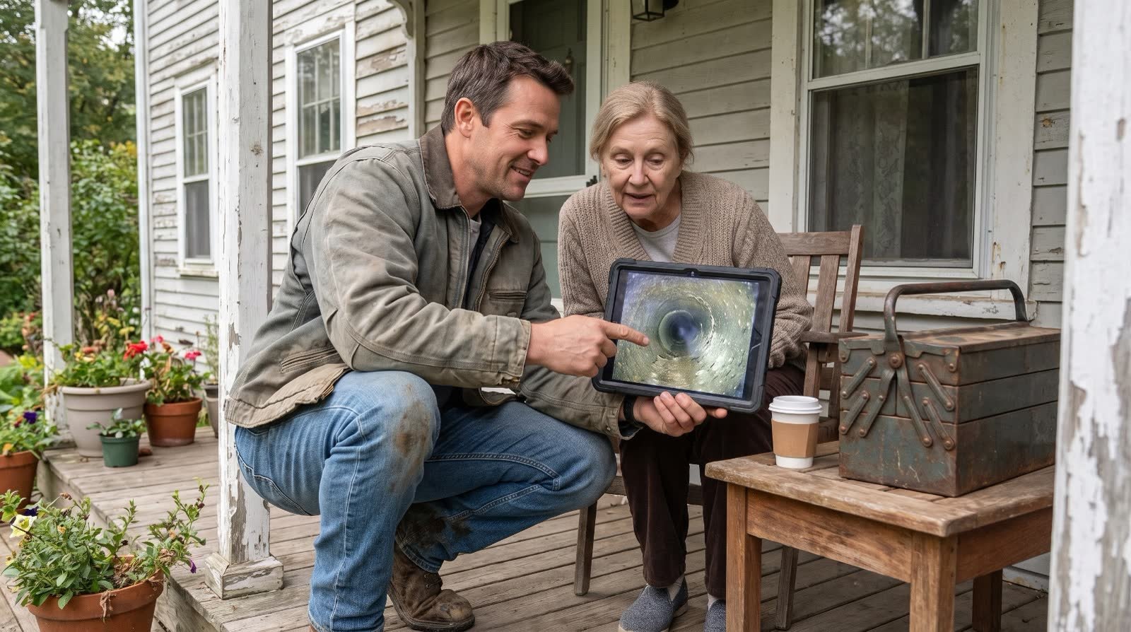 Contractor on a porch showing an older homeowner a sewer camera image on a tablet