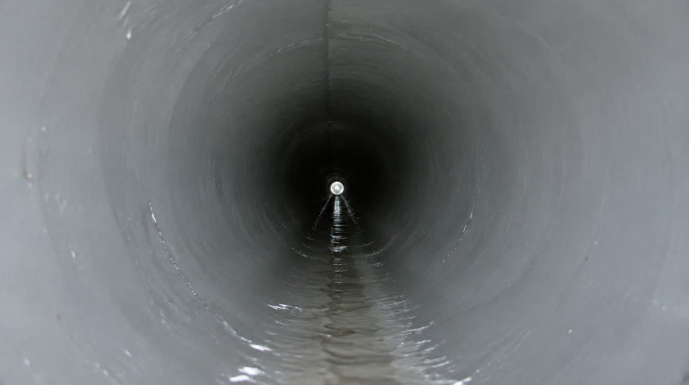 View inside a sewer pipe with a smooth new liner running toward a light at the far end