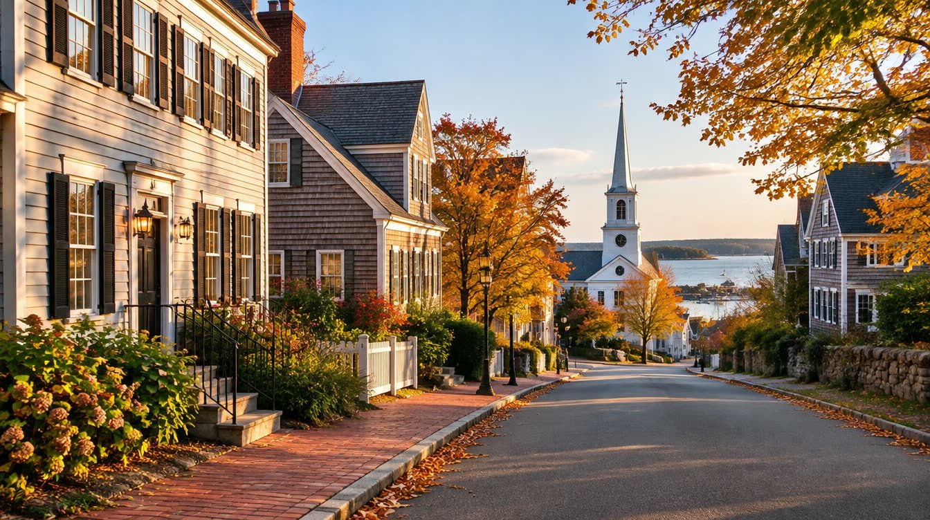Quiet New England coastal town street in autumn with shingled homes, a brick sidewalk and a white church steeple