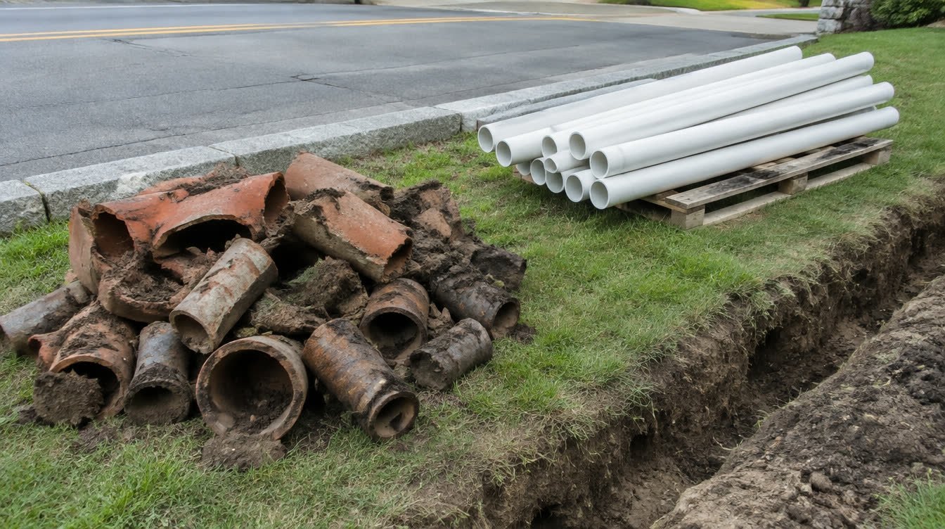 Pile of old broken clay sewer pipe beside an open trench with new white PVC pipe stacked on a pallet