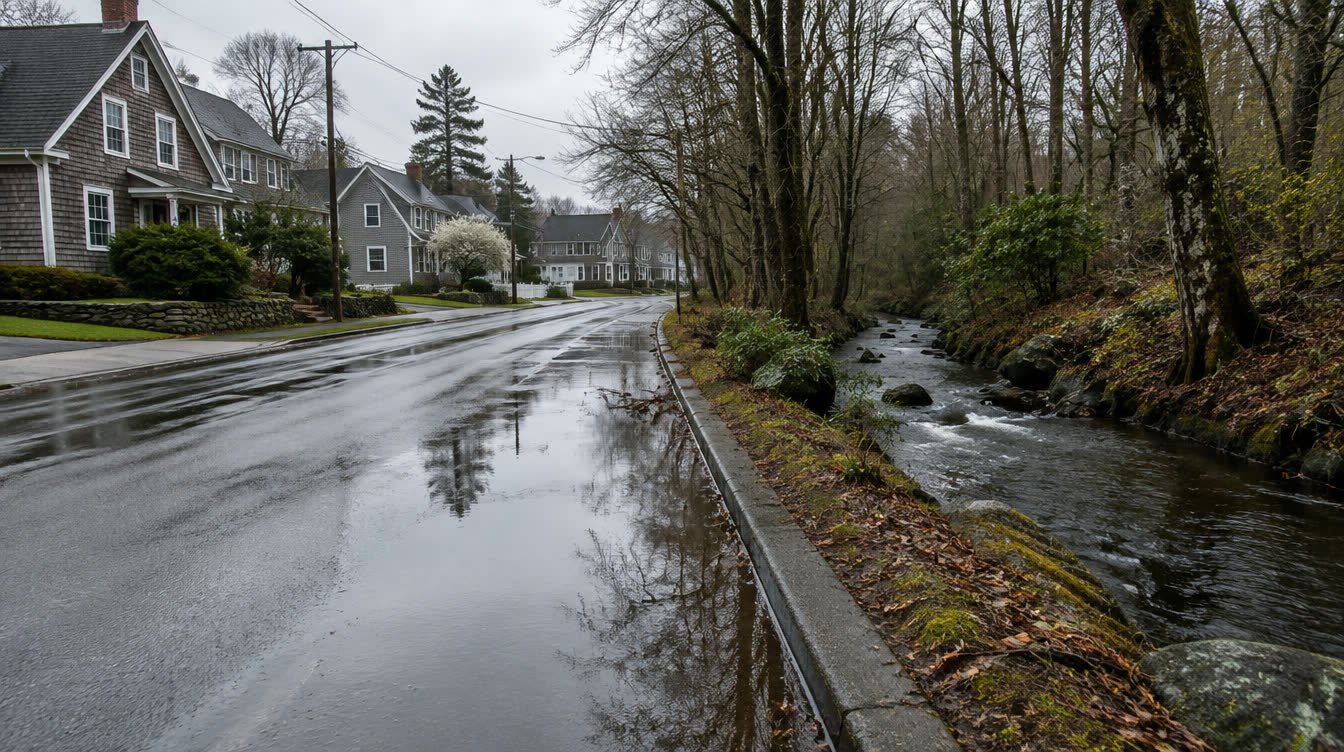 Wet New England residential street after heavy rain with a brook running beside the road and a wooded bank
