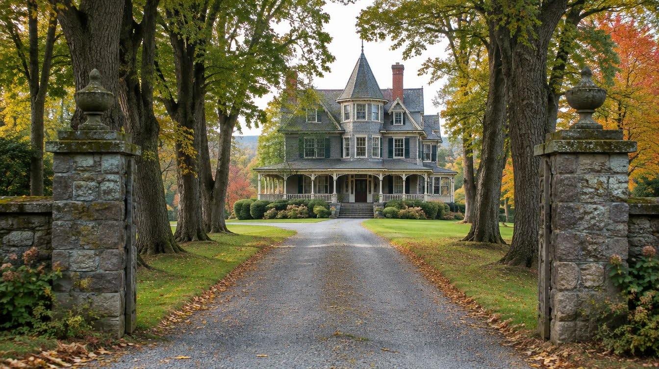 Grand 1890s estate house at the end of a gravel driveway lined with old trees and stone gateposts
