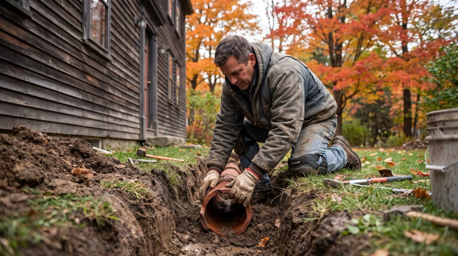Cracked clay sewer pipe exposed in a trench in a Beverly front yard