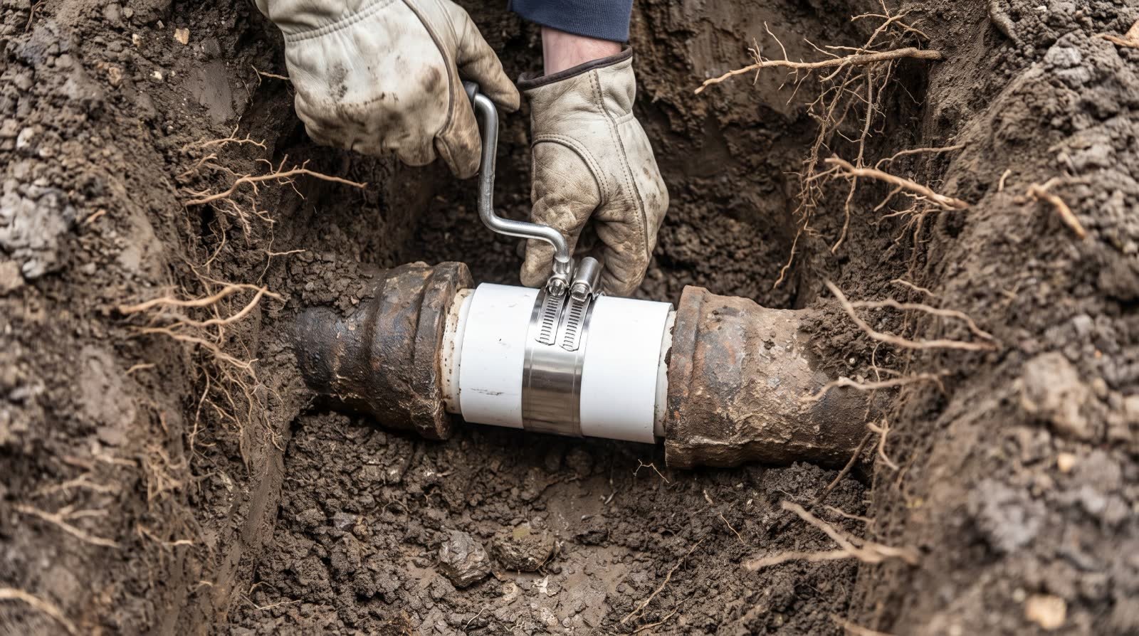 Gloved hands tightening a coupling on a sewer pipe repair in a muddy trench