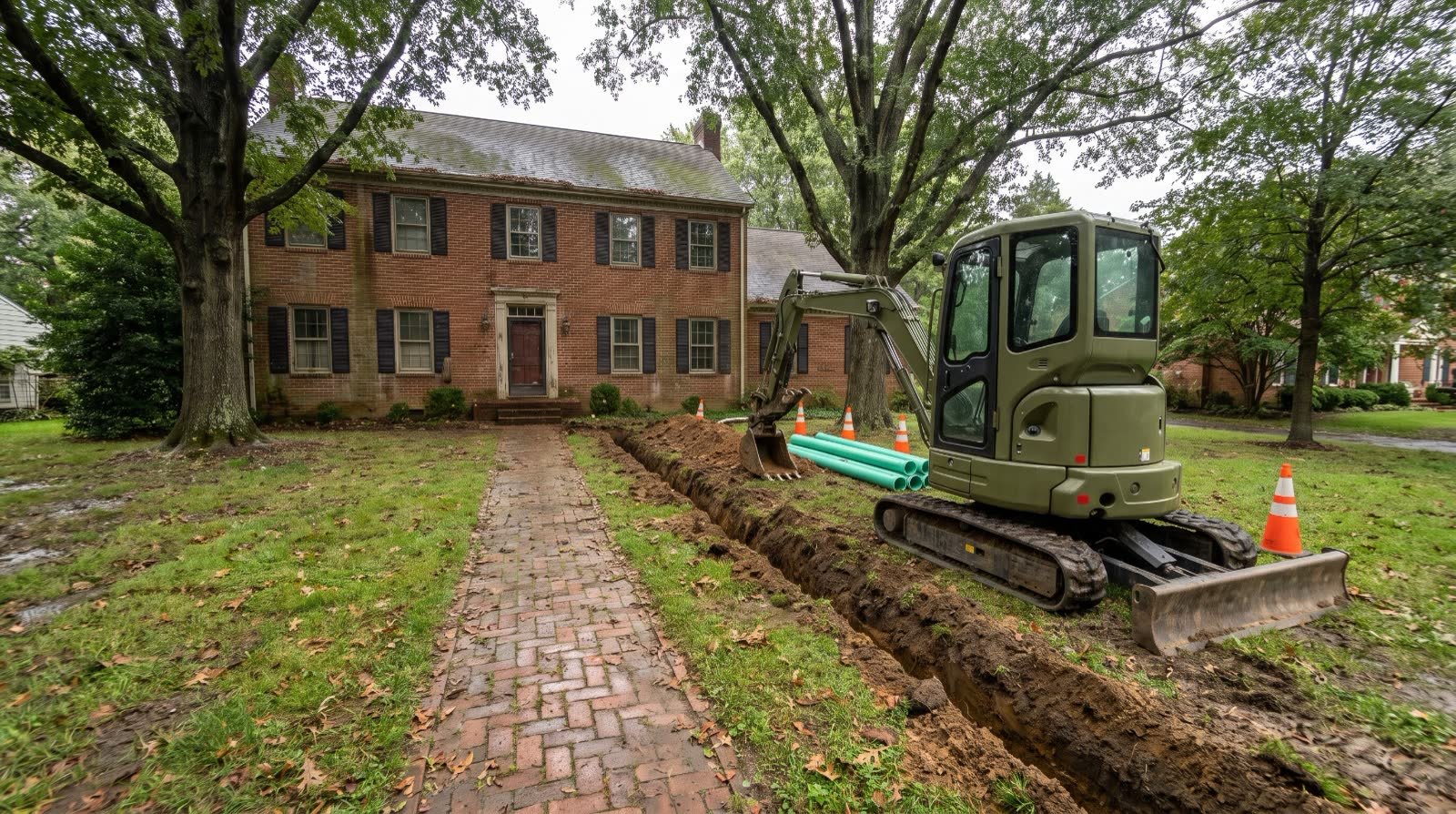 Small excavator digging a trench along a brick walkway to replace a sewer line at a brick colonial home