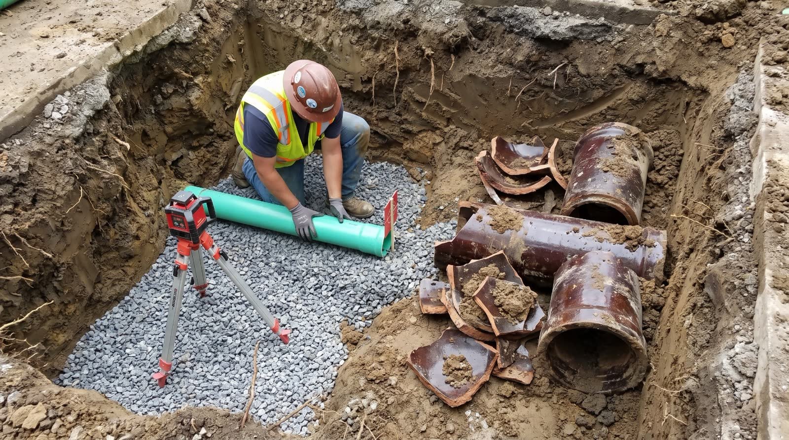 Worker laying new green PVC sewer pipe on a gravel bed in a trench next to broken clay pipe sections