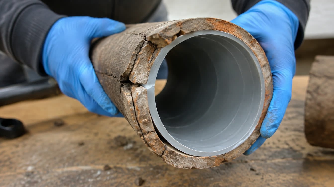 Gloved hands holding a cracked clay sewer pipe section with a smooth new resin liner inside