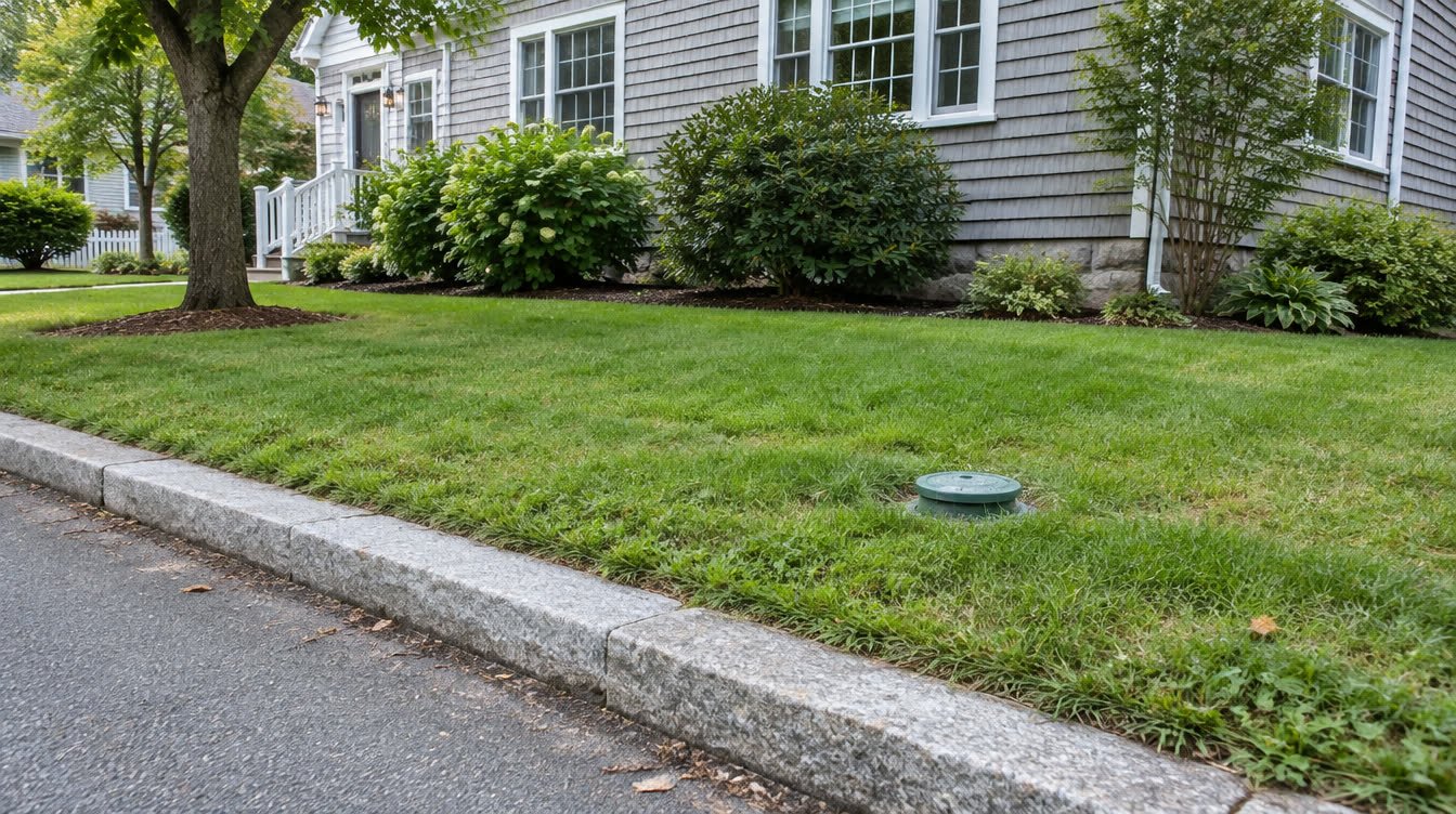 Granite curb and lawn with a small green sewer cleanout cover in front of a gray shingled house