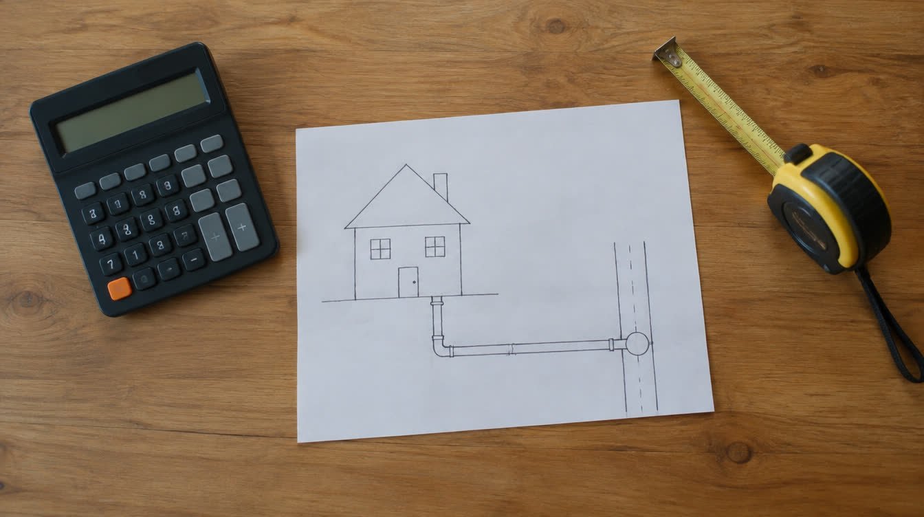 Calculator, tape measure and a hand drawn sketch of a house with a sewer line on a wooden table