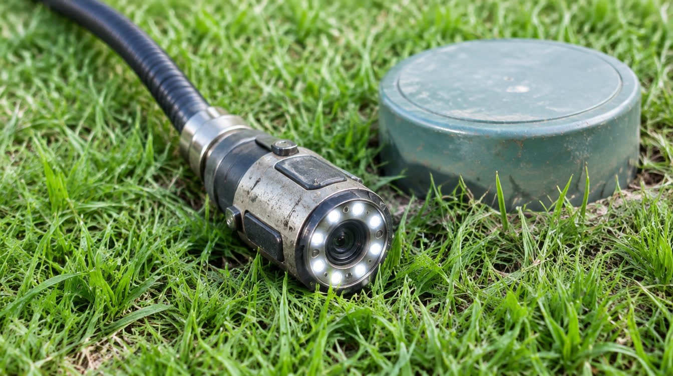 Sewer inspection camera head with bright lights on its cable resting on grass beside a capped cleanout