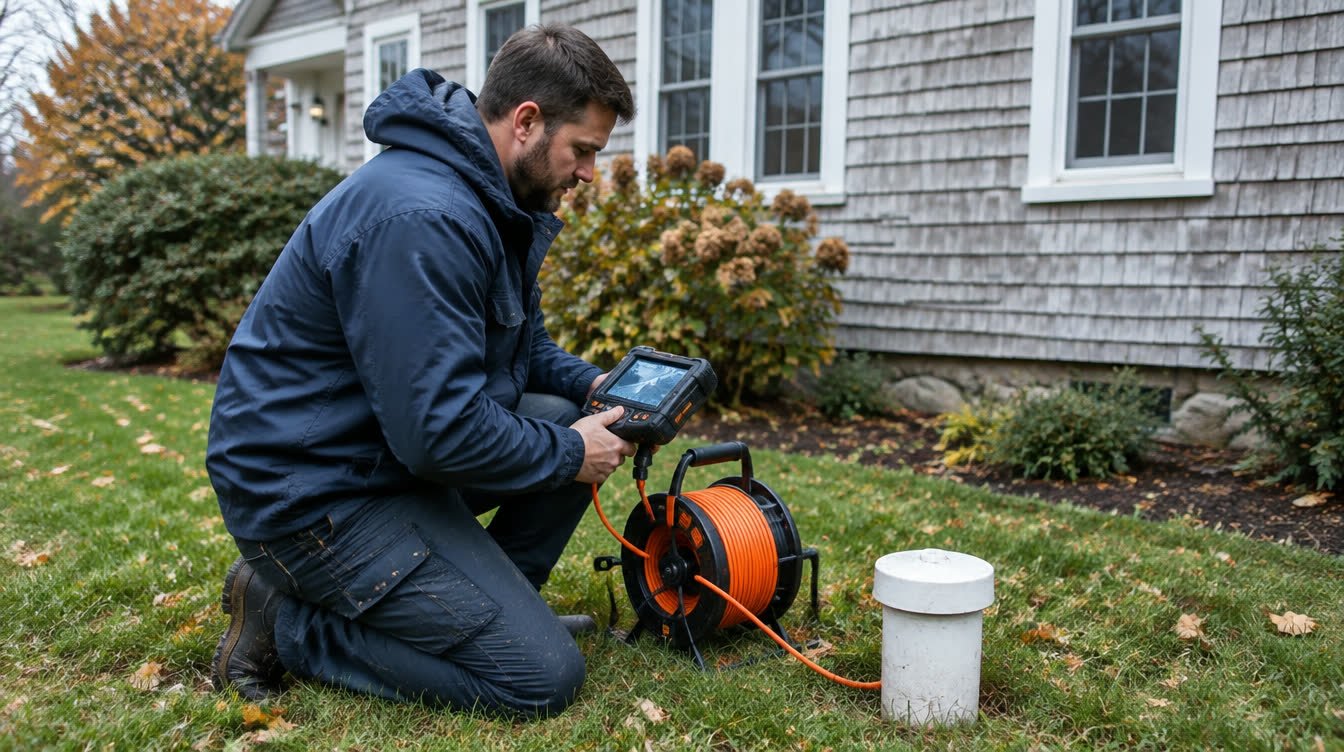 Technician kneeling on a front lawn checking a sewer camera monitor beside a cleanout and cable reel at a shingled New England house