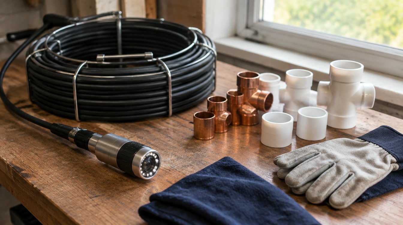 Sewer camera head, coiled cable, copper and PVC fittings and work gloves laid out on a workbench