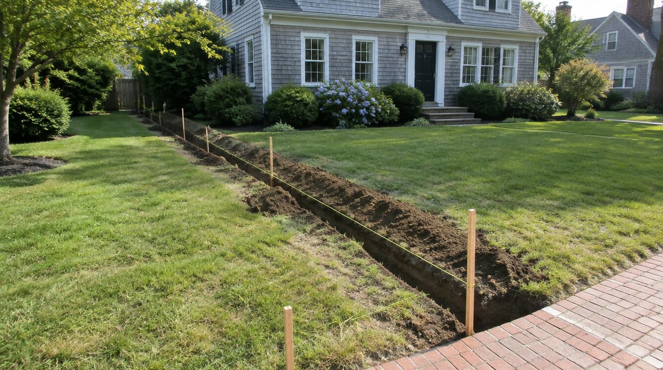 Lawn with stakes and string marking a sewer line path and a freshly opened trench beside a brick walkway