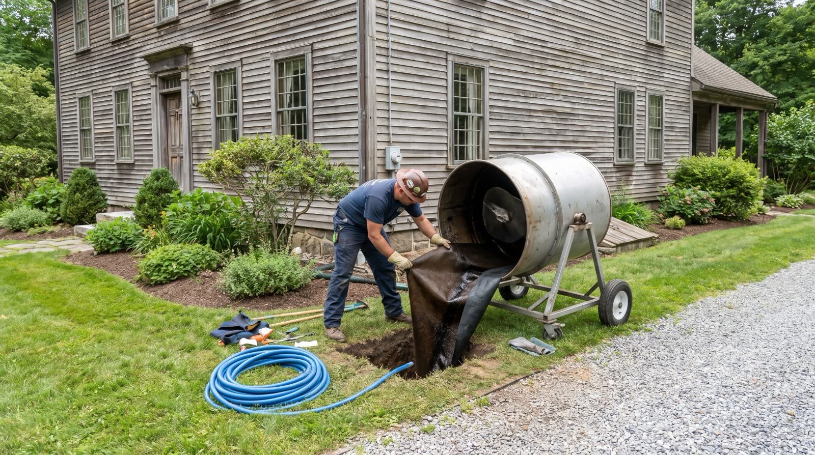 Technician at a small access pit feeding a pipe liner from a drum beside a gray shingled house