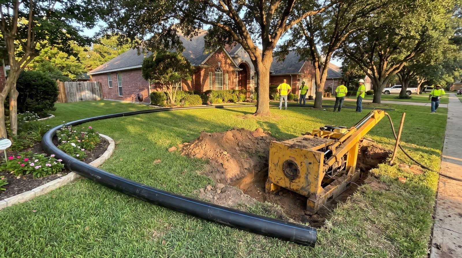 Pipe bursting equipment in a small pit with new black HDPE pipe laid across a lawn